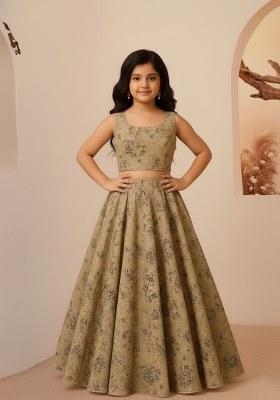 Girls Brown Embroidered Cotton Lehenga Set