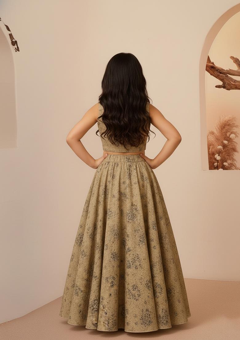 Girls Brown Embroidered Cotton Lehenga Set - Indya