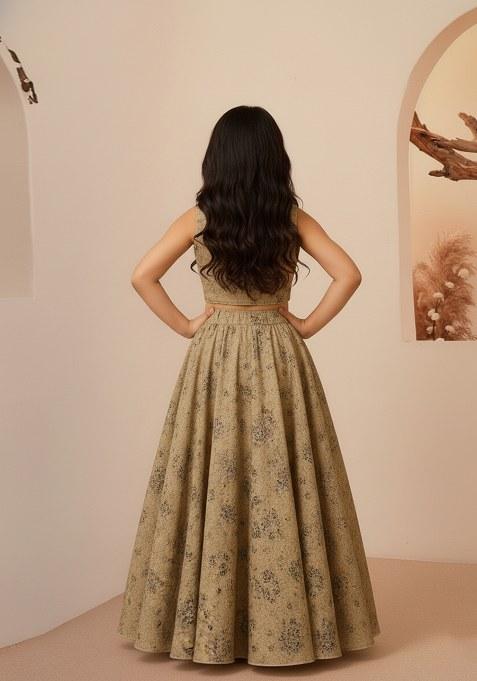 Girls Brown Embroidered Cotton Lehenga Set