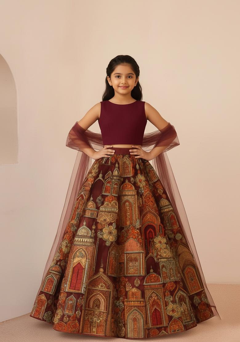 Girls Rust Embroidered Crepe Lehenga Set