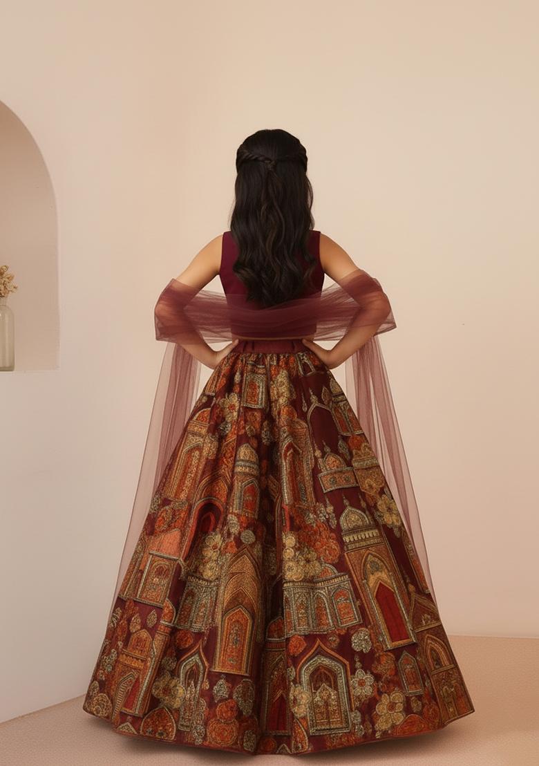 Girls Rust Embroidered Crepe Lehenga Set - Indya