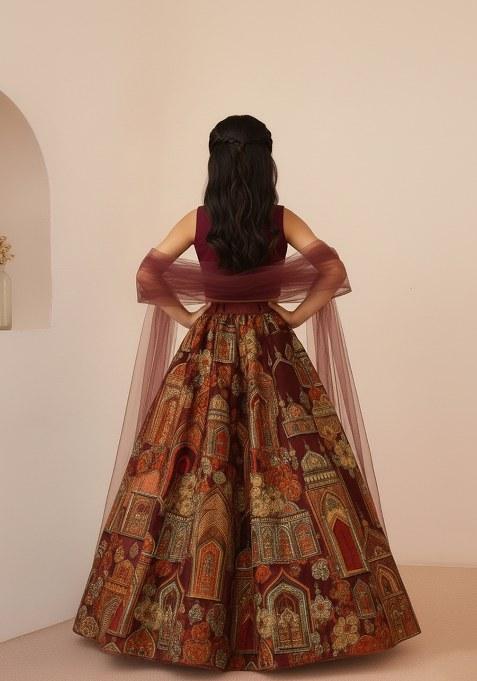 Girls Rust Embroidered Crepe Lehenga Set