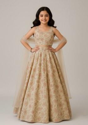 Girls Beige Floral Print Organza Lehenga Set