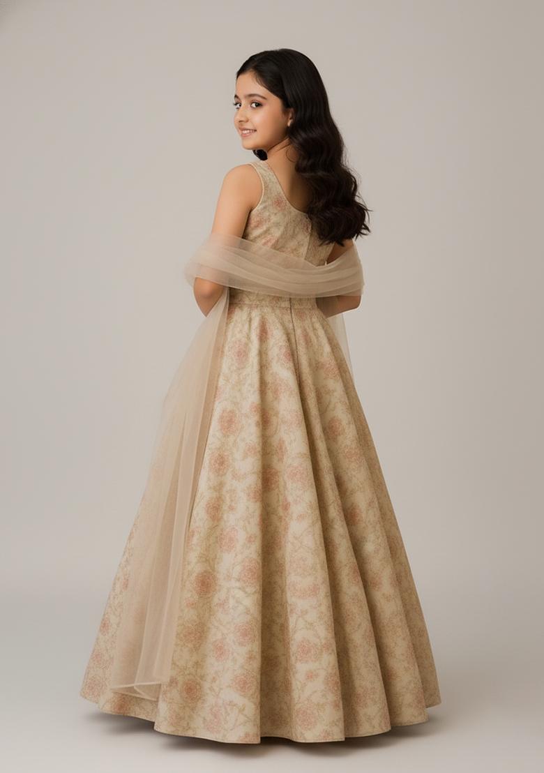Girls Beige Floral Print Organza Lehenga Set - Indya