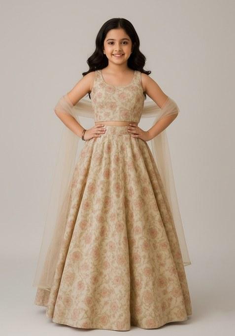 Girls Beige Floral Print Organza Lehenga Set