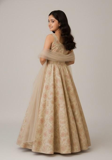 Girls Beige Floral Print Organza Lehenga Set