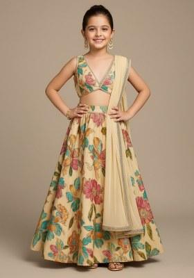 Girls Cream Embroidered Organza Lehenga Set