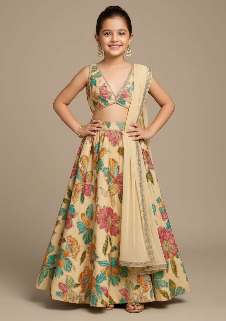 Girls Cream Embroidered Organza Lehenga Set - Indya