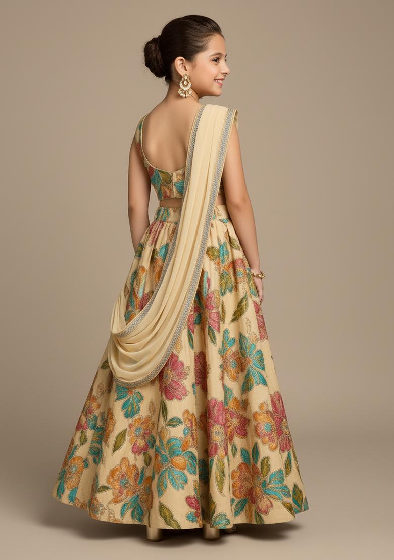 Girls Cream Embroidered Organza Lehenga Set - Indya