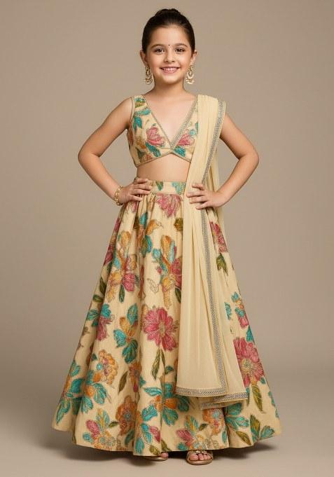 Girls Cream Embroidered Organza Lehenga Set