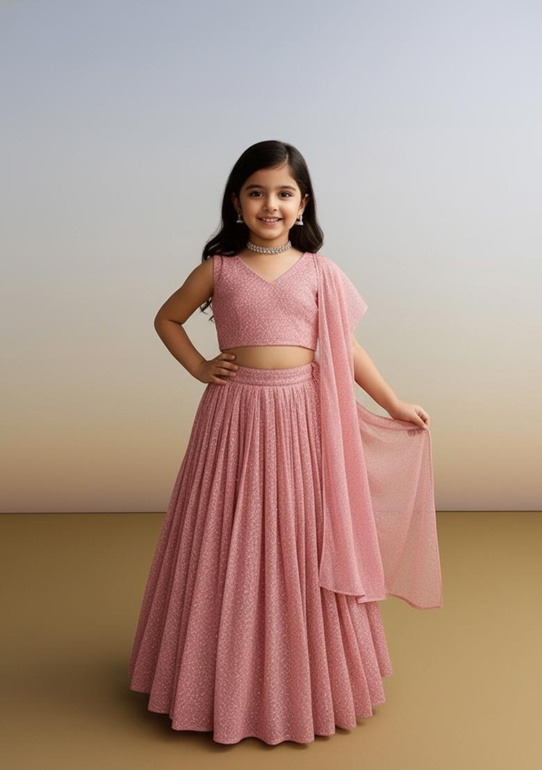 Girls Pastel Pink Sequin Georgette Lehenga Set