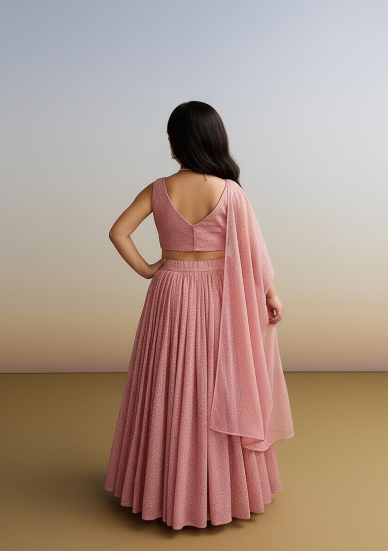 Girls Pastel Pink Sequin Georgette Lehenga Set - Indya