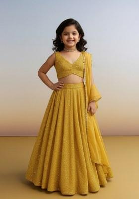Girls Yellow Sequin Georgette Lehenga Set