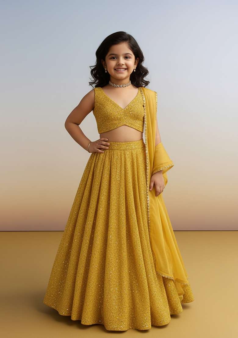 Girls Yellow Sequin Georgette Lehenga Set - Indya