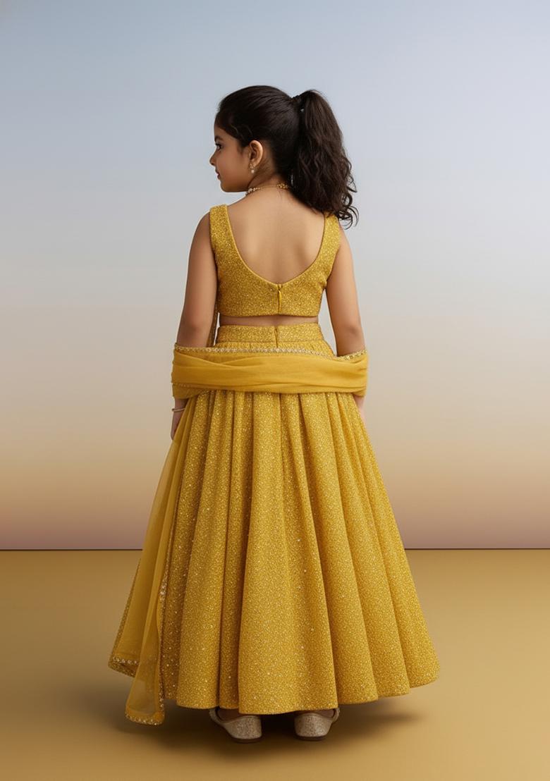 Girls Yellow Sequin Georgette Lehenga Set - Indya