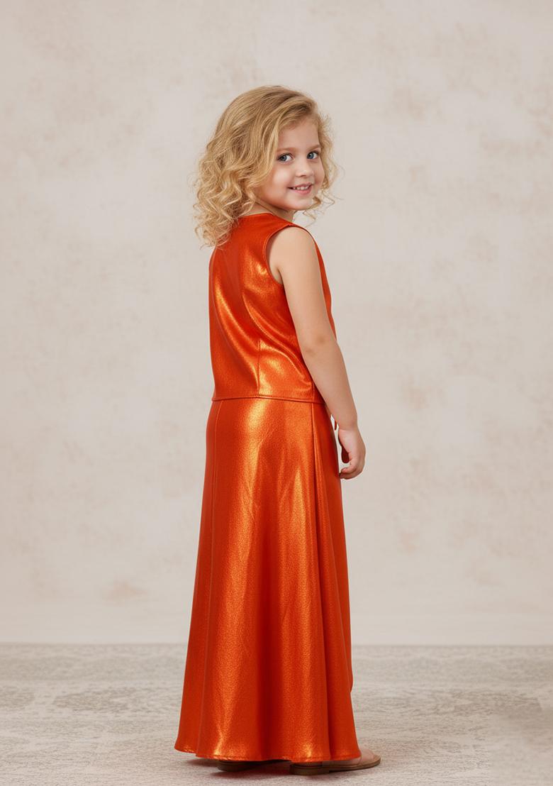 Girls Red Foil Print Satin Fusion Set - Indya