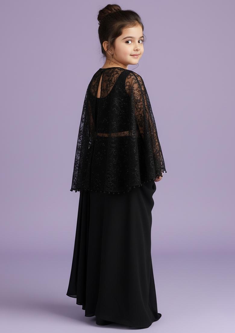 Girls Black Sequin Satin Fusion Set - Indya