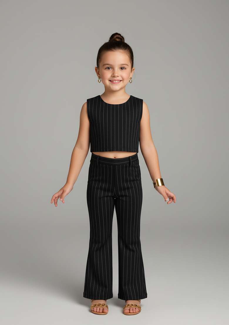 Girls Black Striped Denim Co-Ord Set - Indya