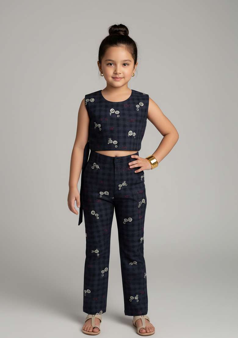 Girls Dark Grey Brocade Co-Ord Set - Indya