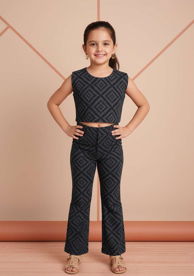 Girls Dark Grey Brocade Co-Ord Set - Indya