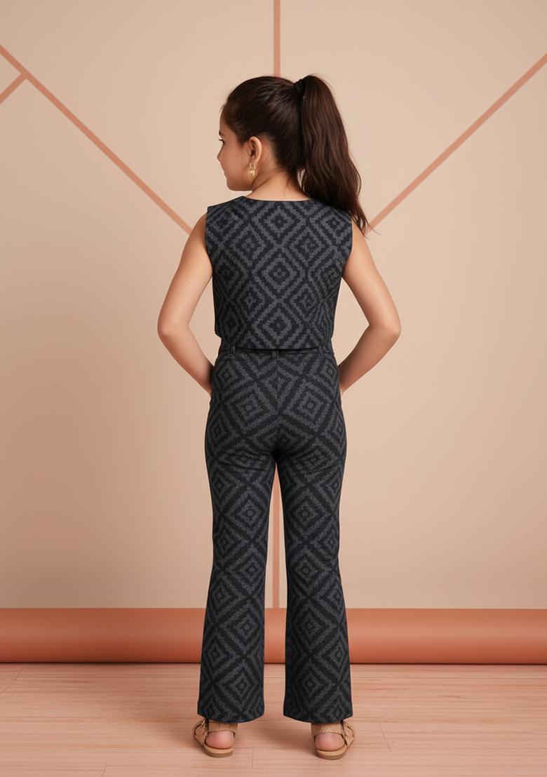 Girls Dark Grey Brocade Co-Ord Set - Indya