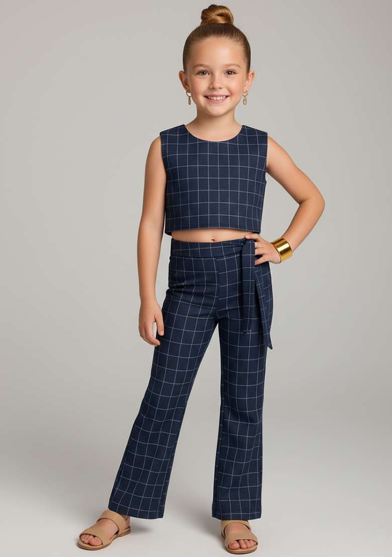 Girls Blue Striped Cotton Denim Co-Ord Set - Indya