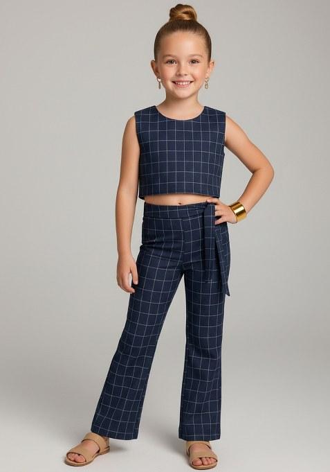 Girls Blue Striped Cotton Denim Co-Ord Set