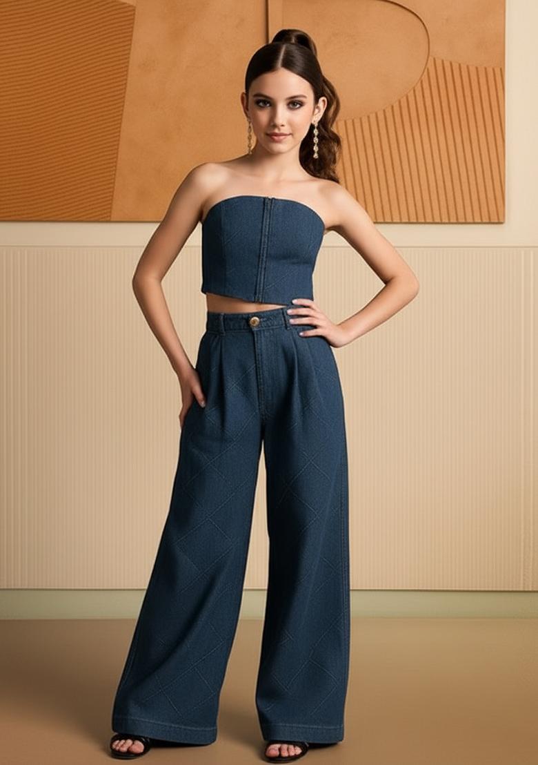 Girls Sky Blue Solid Denim Co-Ord Set - Indya