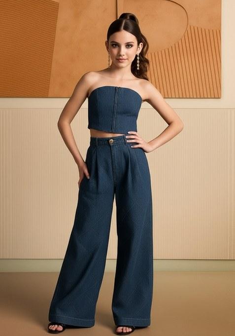 Girls Sky Blue Solid Denim Co-Ord Set