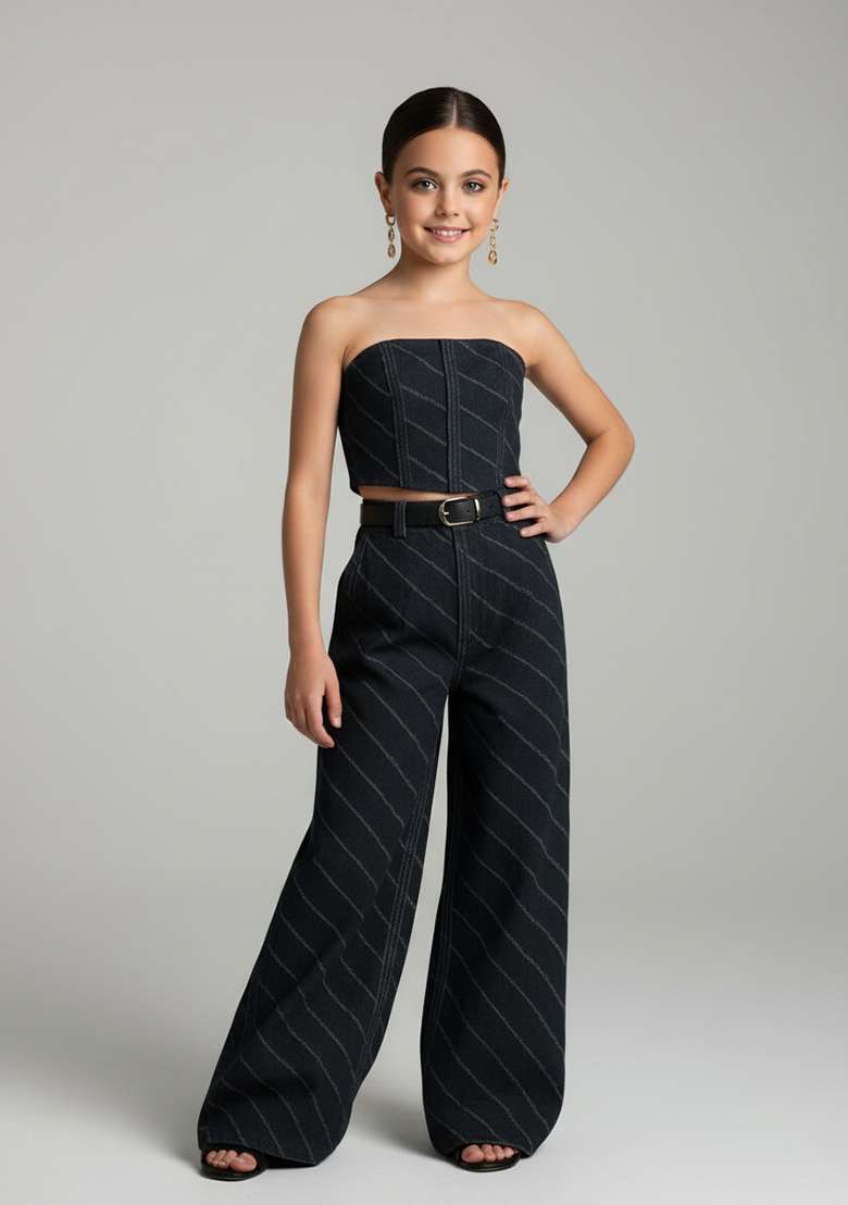 Girls Blue Patchwork Cotton Denim Corset Blouse Co-Ord Set - Indya