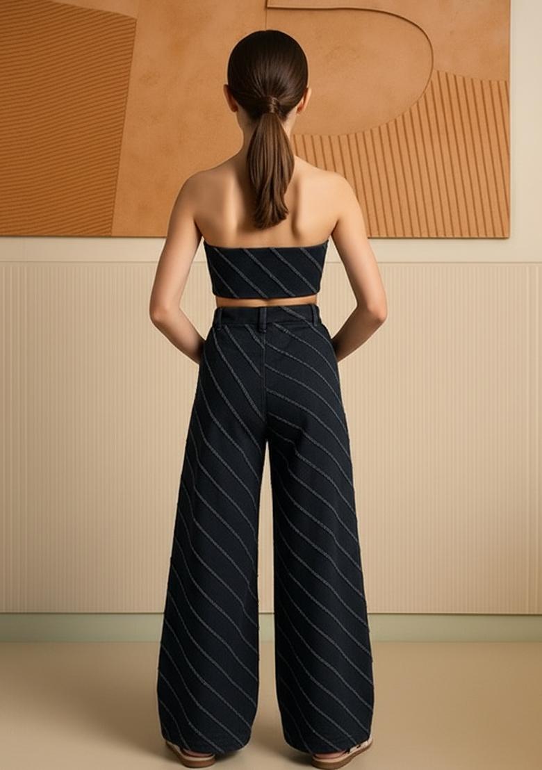 Girls Blue Patchwork Cotton Denim Co-Ord Set - Indya