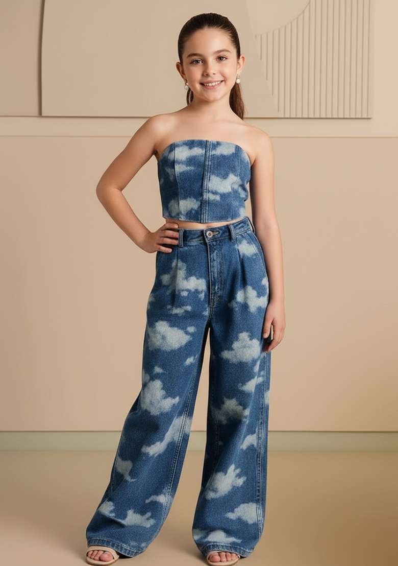 Girls Blue Figure Print Denim Corset Blouse Co-Ord Set - Indya