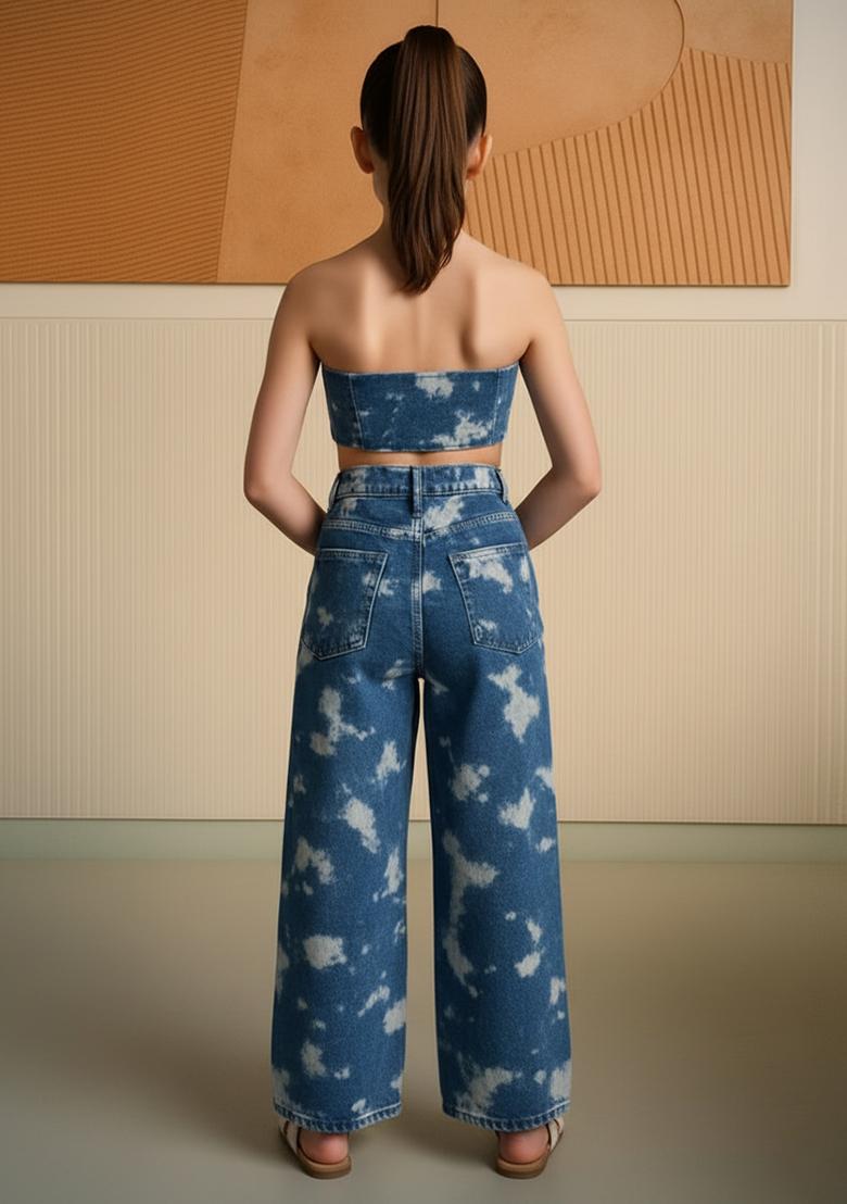 Girls Blue Figure Print Denim Co-Ord Set - Indya