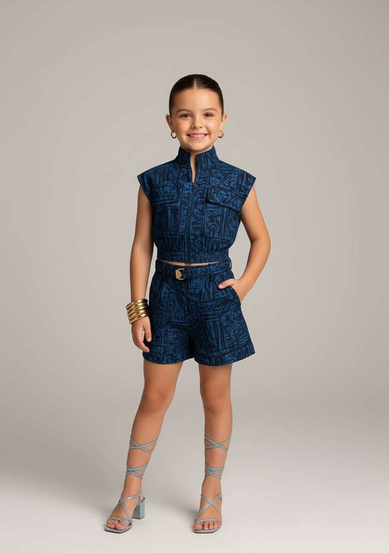 Girls Blue Abstract Print Cotton Denim Co-Ord Set - Indya