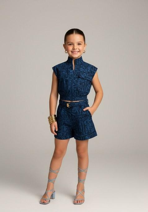 Girls Blue Abstract Print Cotton Denim Co-Ord Set