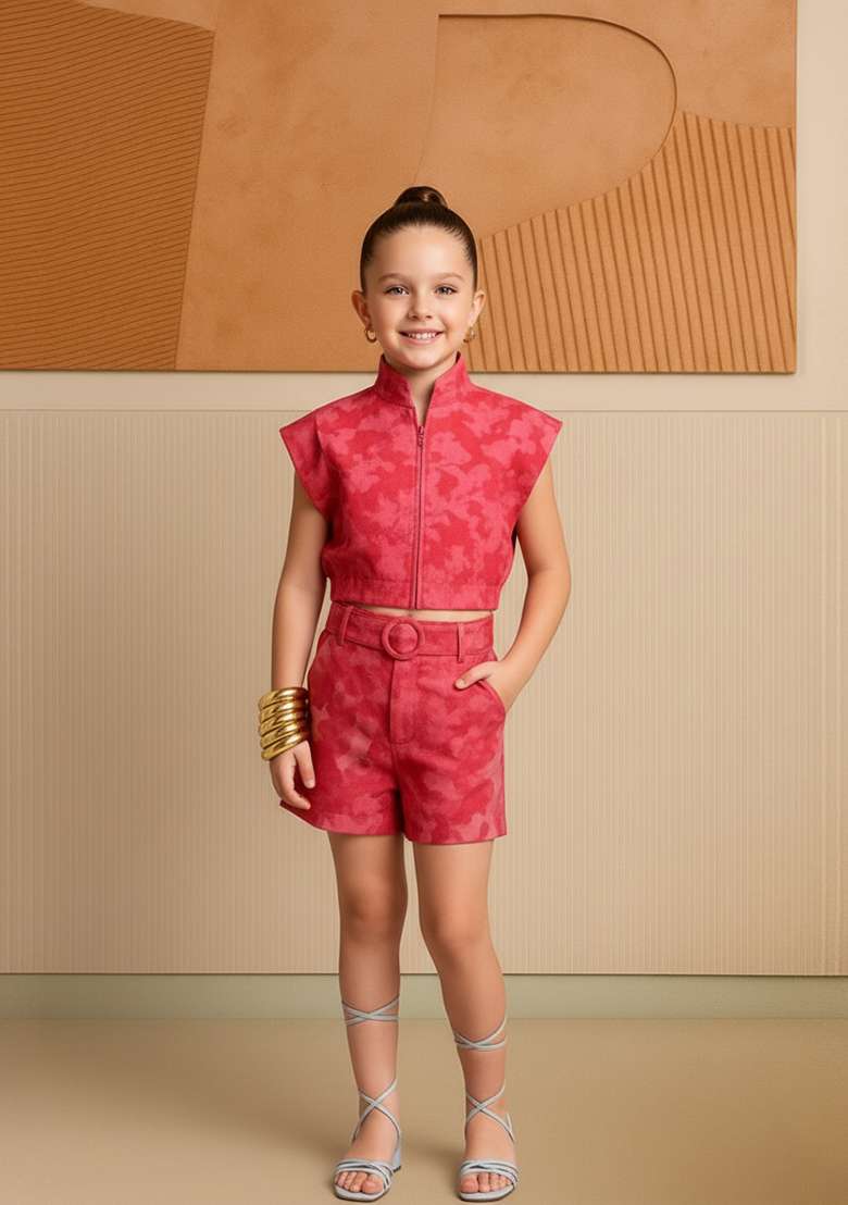 Girls Pink Brocade Co-Ord Set - Indya