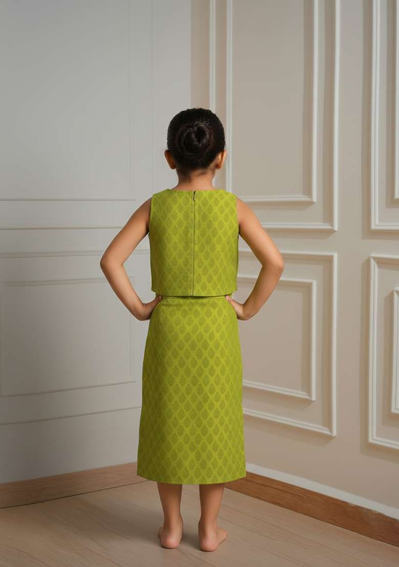 Girls Light Green Brocade Co-Ord Set - Indya