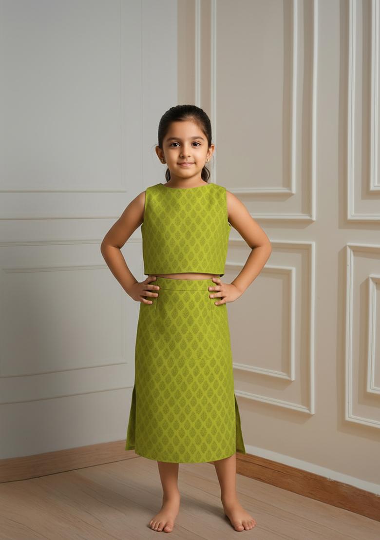 Girls Light Green Brocade Co-Ord Set - Indya
