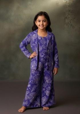 Girls Royal Blue Floral Print Satin Georgette Fusion Set