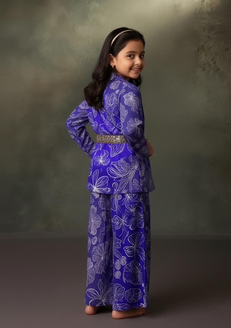 Girls Royal Blue Floral Print Satin Georgette Fusion Set - Indya