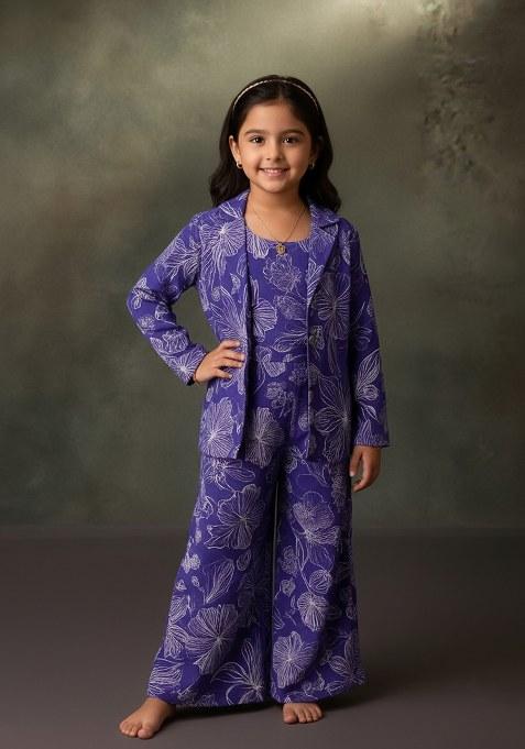Girls Royal Blue Floral Print Satin Georgette Fusion Set