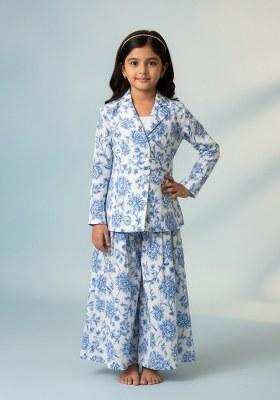 Girls Beige Floral Print Satin Georgette Fusion Set