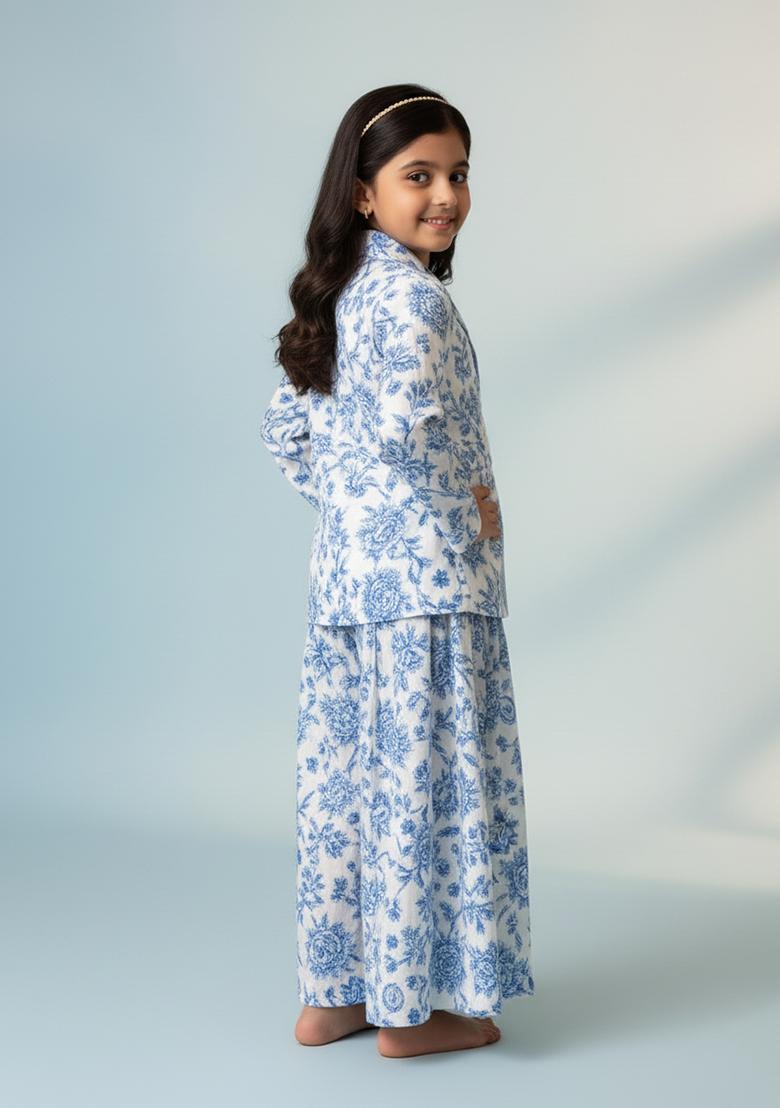 Girls Beige Floral Print Satin Georgette Fusion Set - Indya