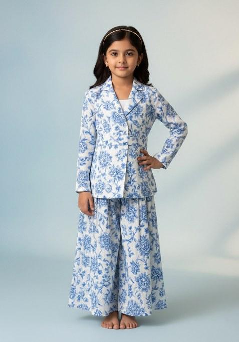 Girls Beige Floral Print Satin Georgette Fusion Set