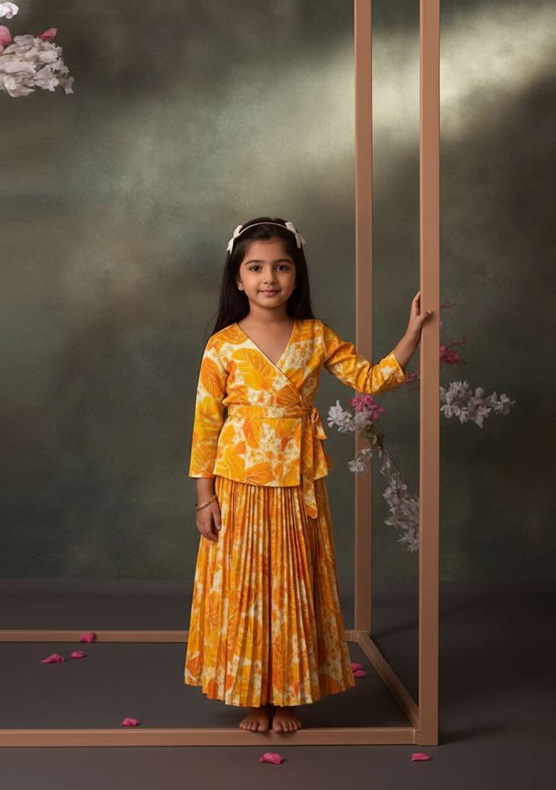 Girls Yellow Floral Print Satin Georgette Fusion Set - Indya
