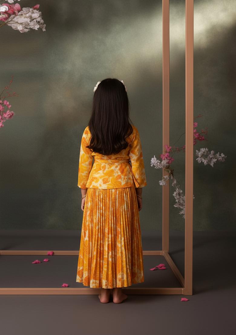 Girls Yellow Floral Print Satin Georgette Fusion Set - Indya