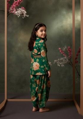 Girls Dark Green Floral Print Satin Georgette Fusion Set