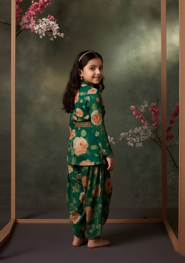 Girls Dark Green Floral Print Satin Georgette Fusion Set - Indya