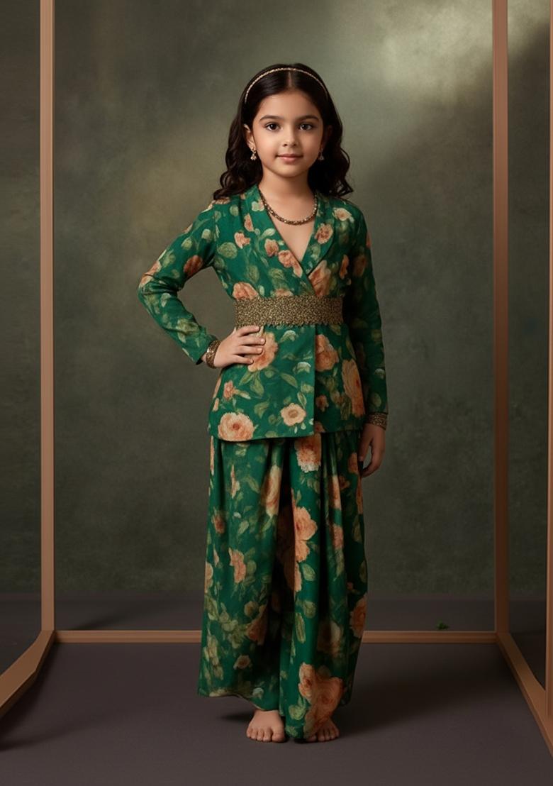 Girls Dark Green Floral Print Satin Georgette Fusion Set - Indya