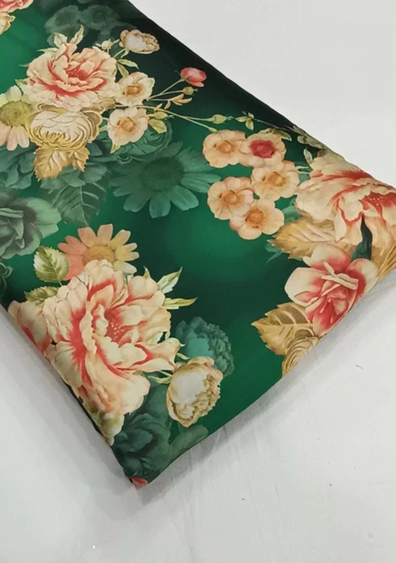 Girls Dark Green Floral Print Satin Georgette Fusion Set - Indya